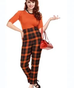 New In Collectif Bonnie Pumpkin Check 60's Trousers Black Orange