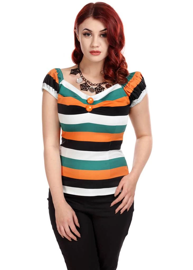 New In Collectif Dolores Pumkin Stripe 60's Top Multi Orange
