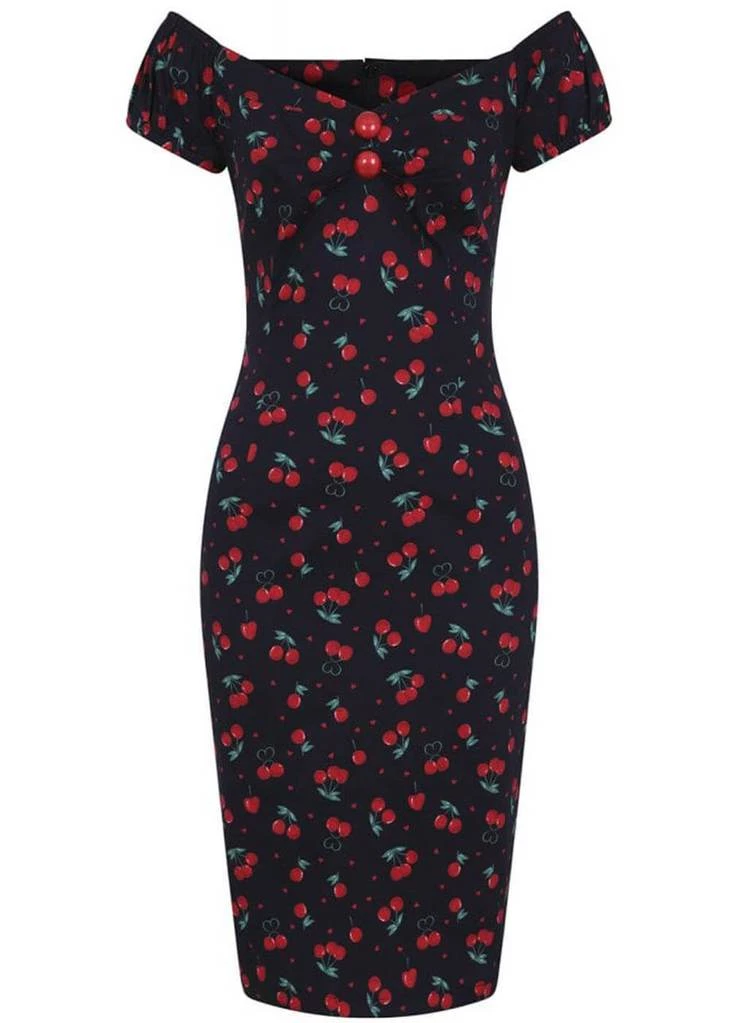Collectif Dolores Cherry Love 50's Pencil Dress Black