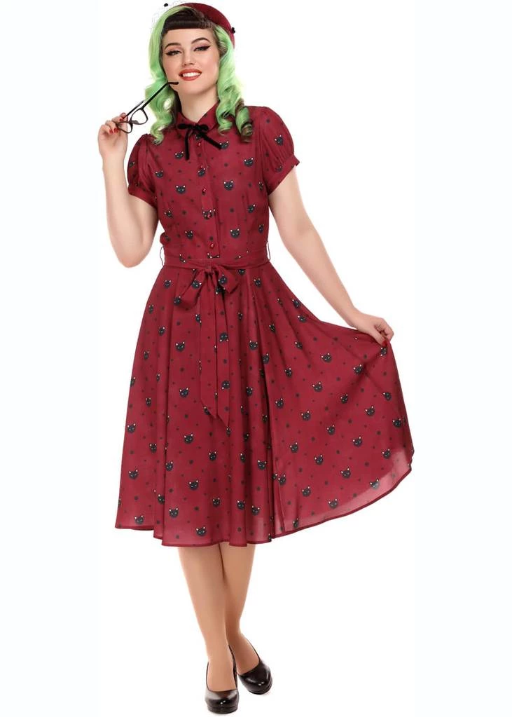 Collectif Mary Grace Polkadot Meow 40's Swing Dress Red