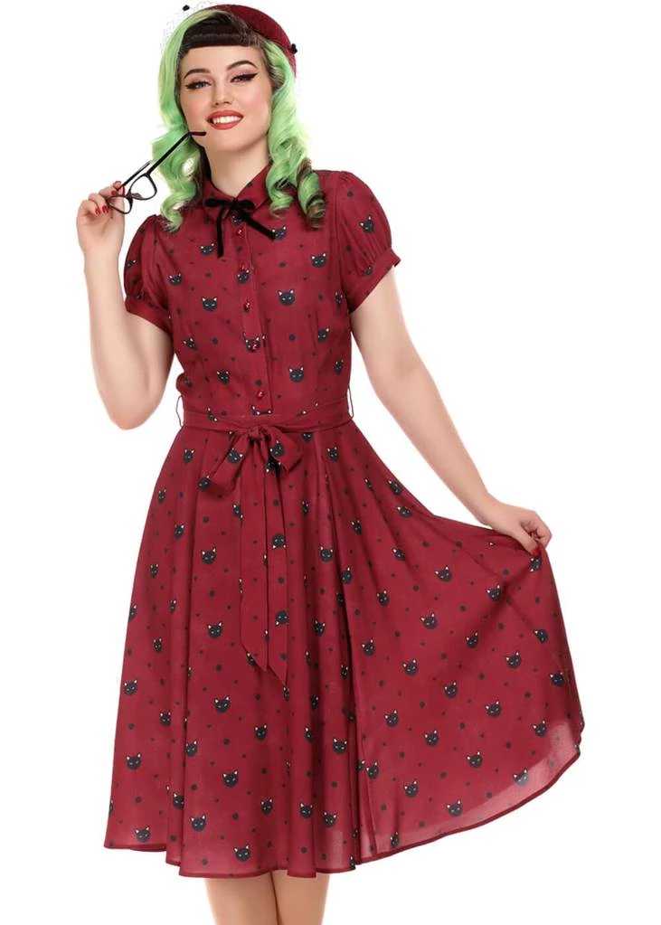 Collectif Mary Grace Polkadot Meow 40's Swing Dress Red