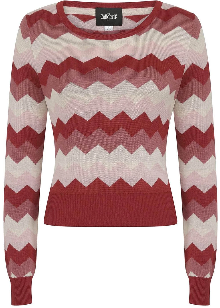 Collectif Machi Zig Zag Knitted 70's Top Red New In