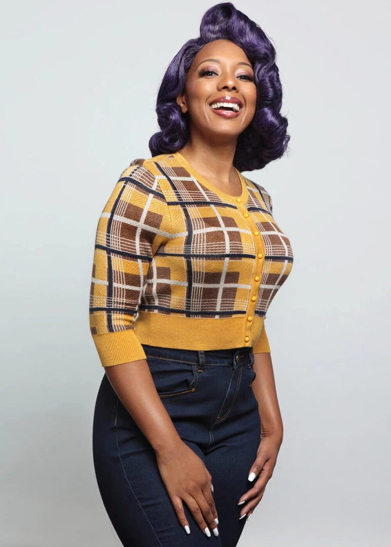 Collectif Lucy Moonhill Check 50's Cardigan Mustard