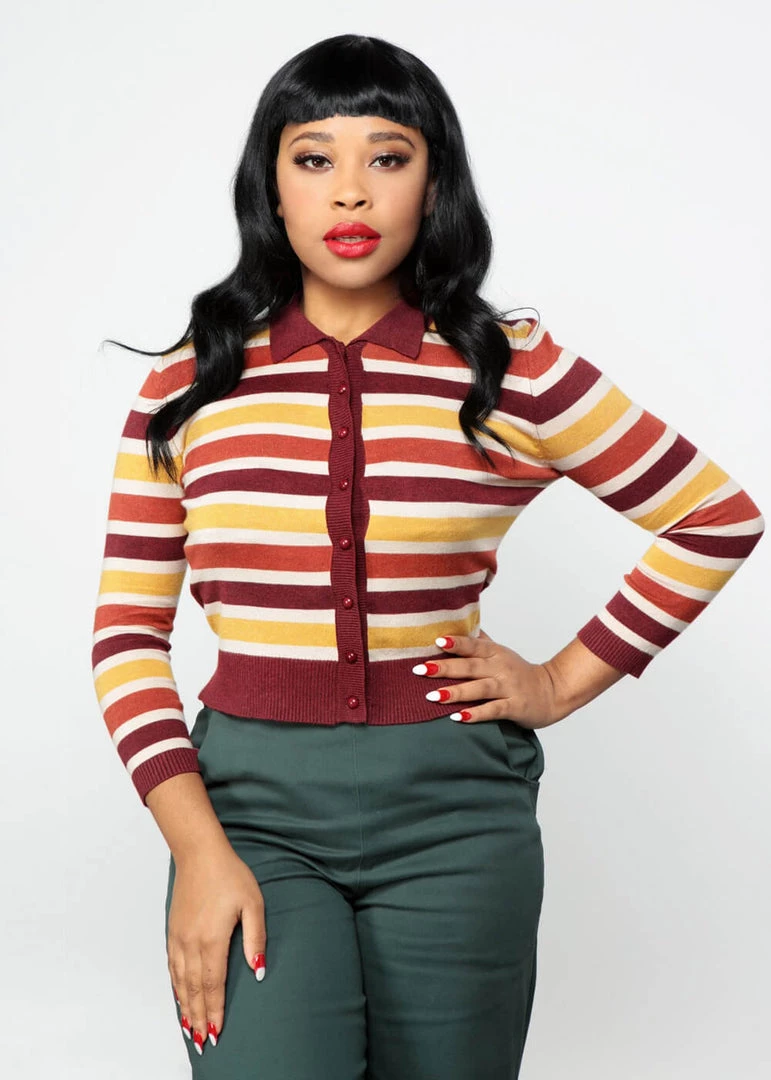 Collectif Enza Retro Striped 60's Cardigan Brown