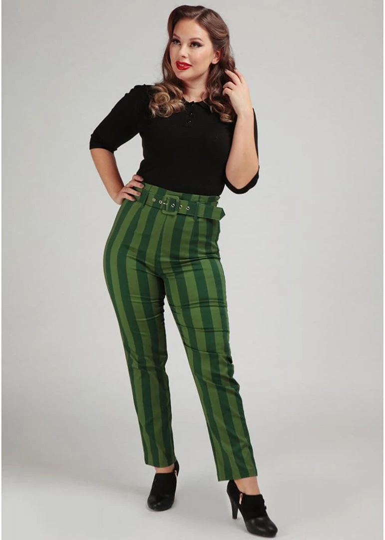 Collectif Thea Garden Stripes 60's Trousers Green New In