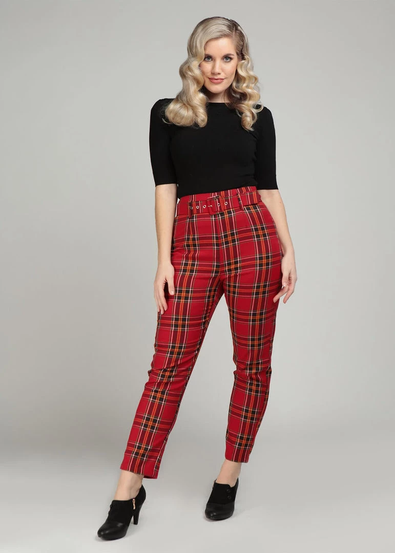 Collectif Thea Berry Check 60's Trousers Red New In