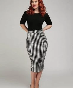 New In Collectif Lorrina Gingham 60's Pencil Skirt Black White