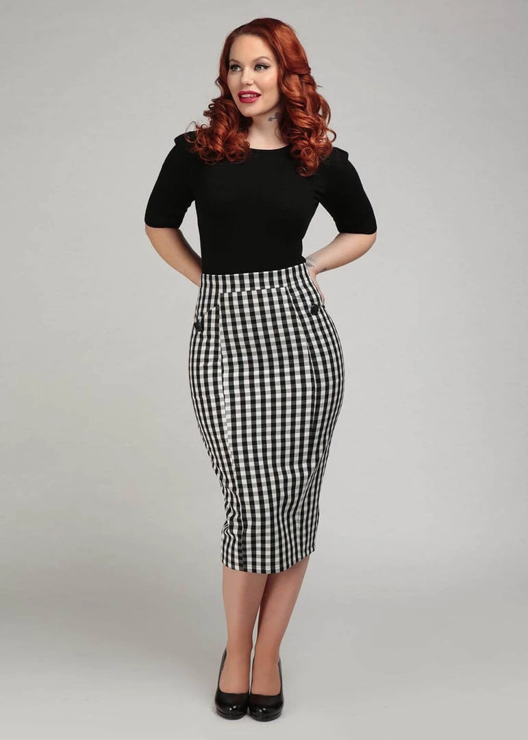 New In Collectif Lorrina Gingham 60's Pencil Skirt Black White