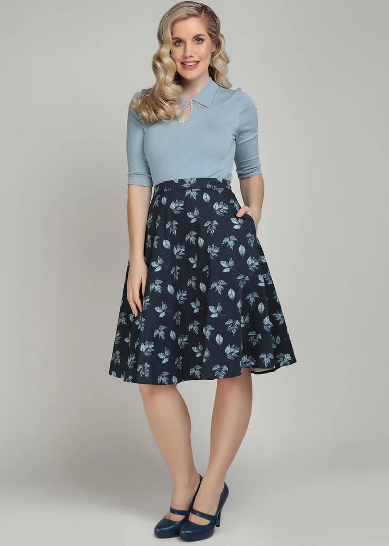 Collectif Mattie Fall Leaves 50's Swing Skirt Blue