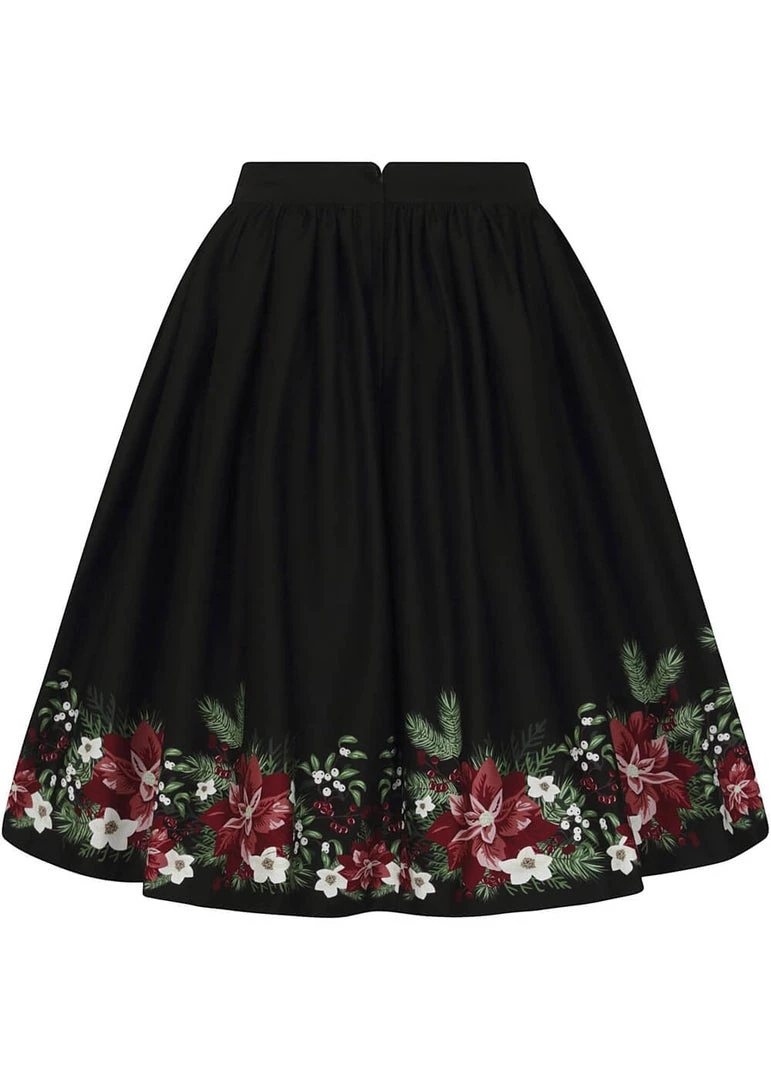 Collectif Jasmine Festive Floral 50's Swing Skirt Black New In