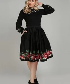 Collectif Jasmine Festive Floral 50's Swing Skirt Black New In