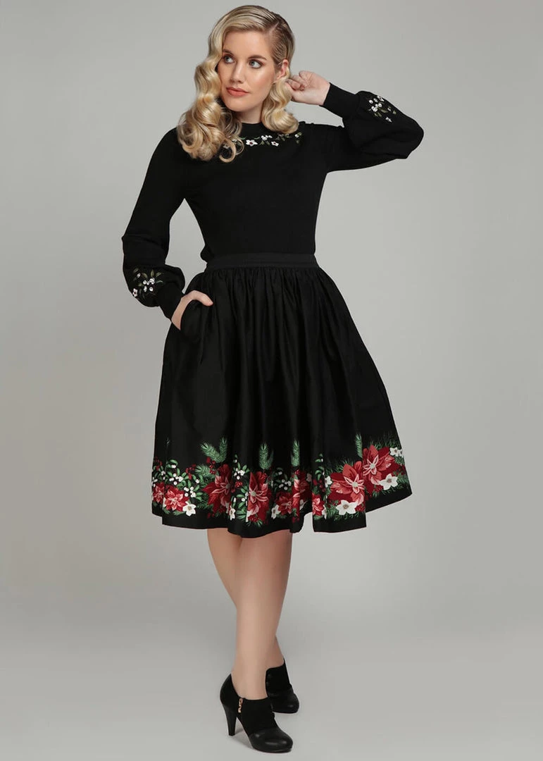Collectif Jasmine Festive Floral 50's Swing Skirt Black New In