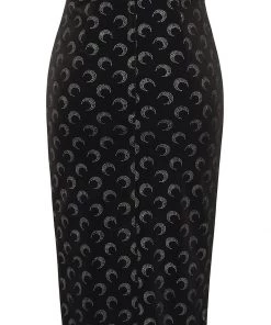 Collectif Polly Glitter Moon Velvet 50's Pencil Skirt Black