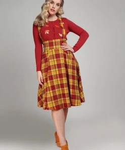 New In Collectif Alexa Autumn Leaves Check 50's Swing Skirt Orange