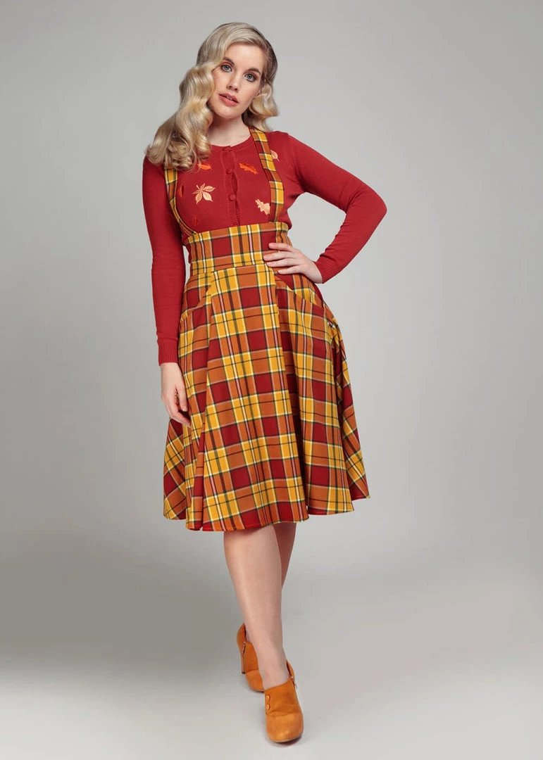 New In Collectif Alexa Autumn Leaves Check 50's Swing Skirt Orange