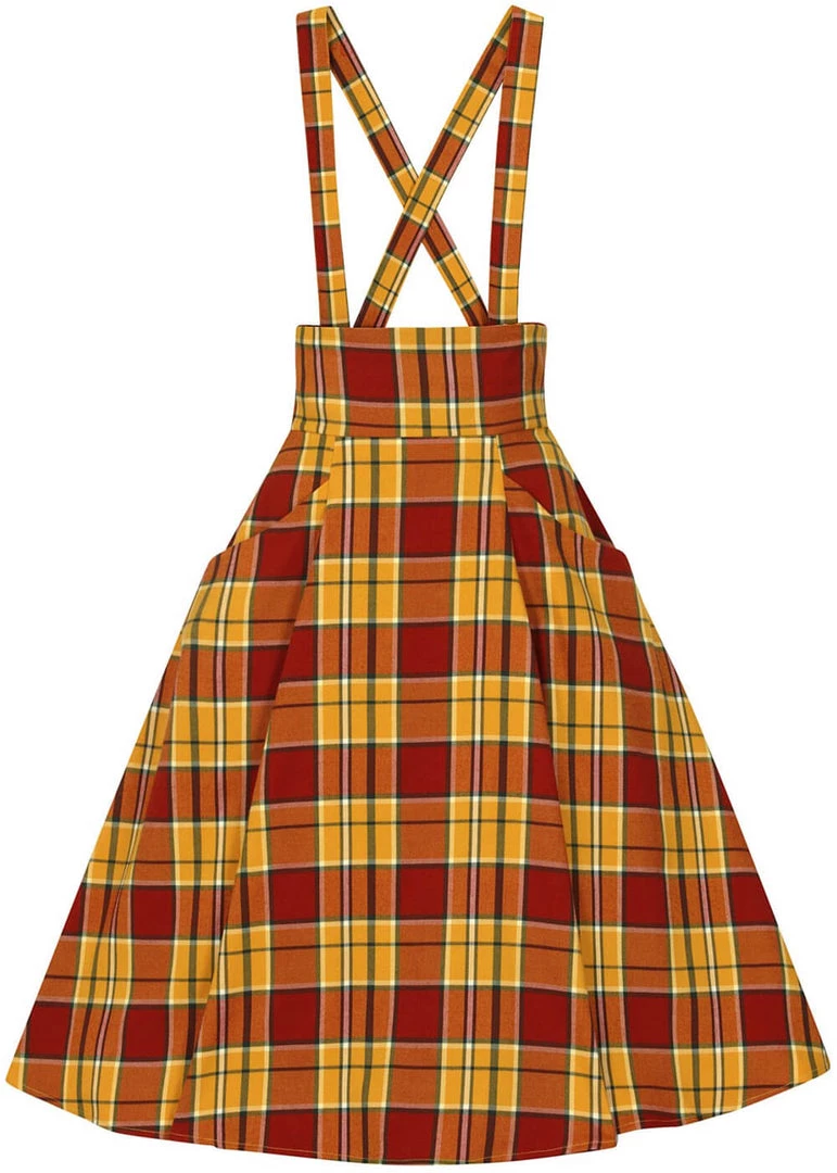 New In Collectif Alexa Autumn Leaves Check 50's Swing Skirt Orange