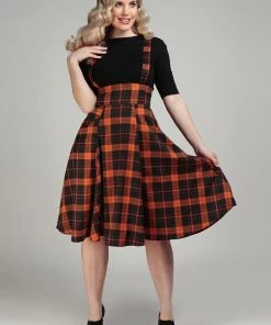 Collectif Alexa Pumpkin Check 40's Swing Skirt Black Orange