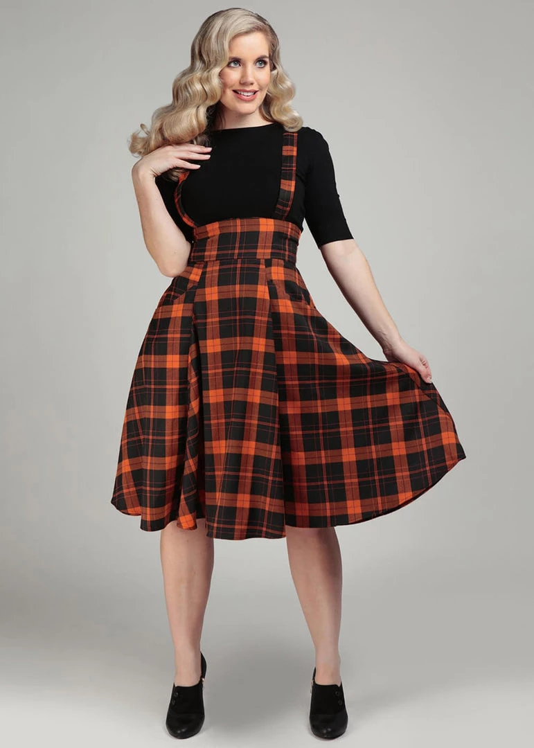 Collectif Alexa Pumpkin Check 40's Swing Skirt Black Orange