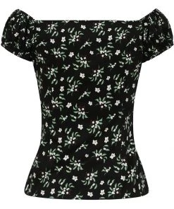 Collectif Dolores Berry Floral 50's Top Black New In