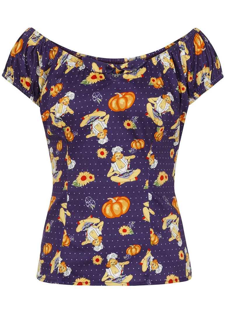 New In Collectif Lorena Pumpkin Pinup 50's Top Multicolour