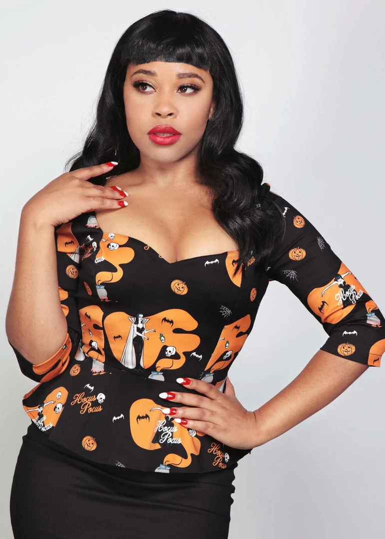 Collectif Carletta Hocus Pocus 50's Peplum Top Black New In