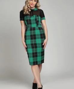 New In Collectif Mac Foliage Check 40's Pencil Dress Multi