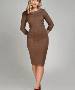 Collectif Cheyenne Herringbone 40's Pencil Dress Brown