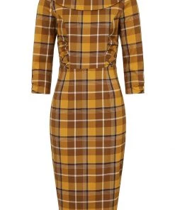 New In Collectif Cheyenne Moonhill Check 50's Pencil Dress Mustard