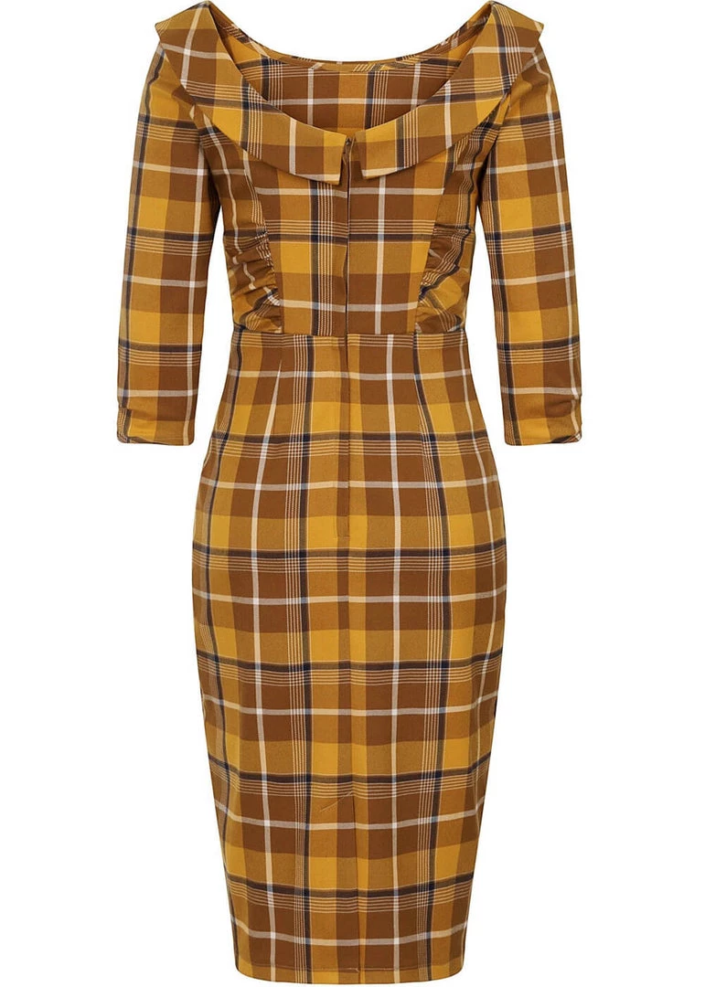 New In Collectif Cheyenne Moonhill Check 50's Pencil Dress Mustard