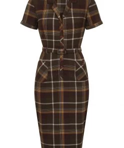 Collectif Caterina Mosshill Check 40's Pencil Dress Brown