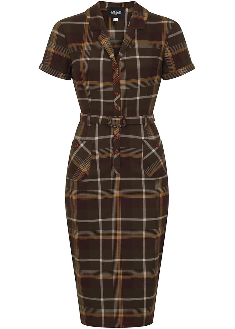 Collectif Caterina Mosshill Check 40's Pencil Dress Brown