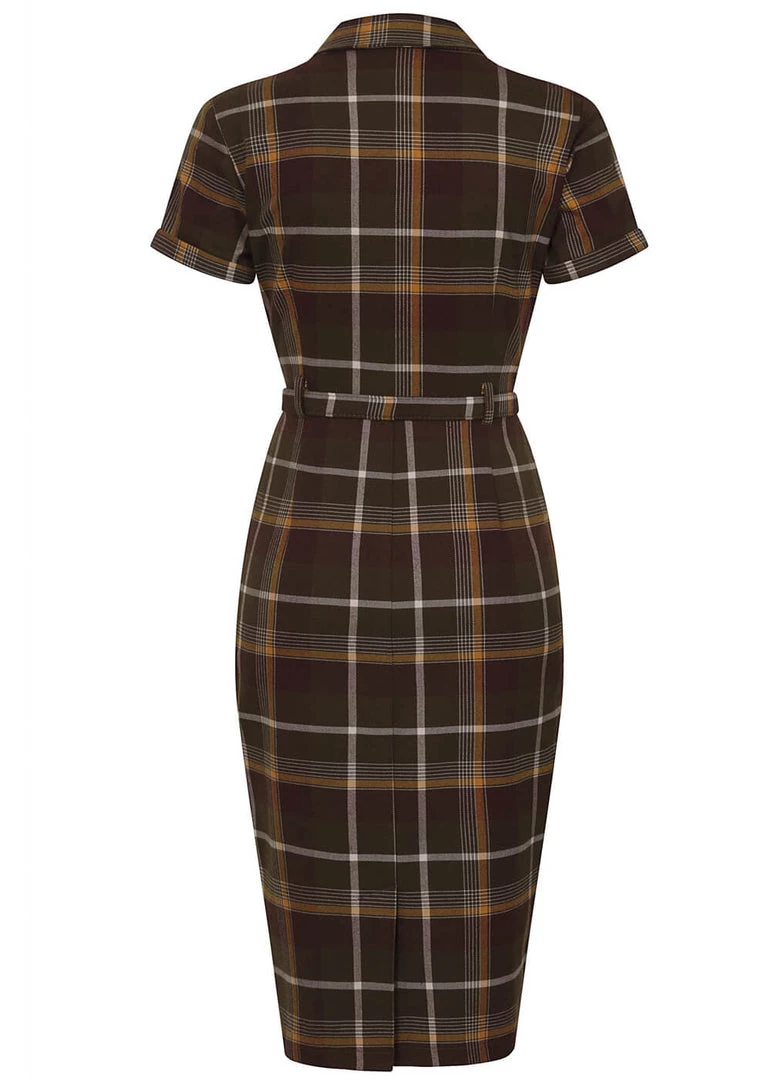 Collectif Caterina Mosshill Check 40's Pencil Dress Brown