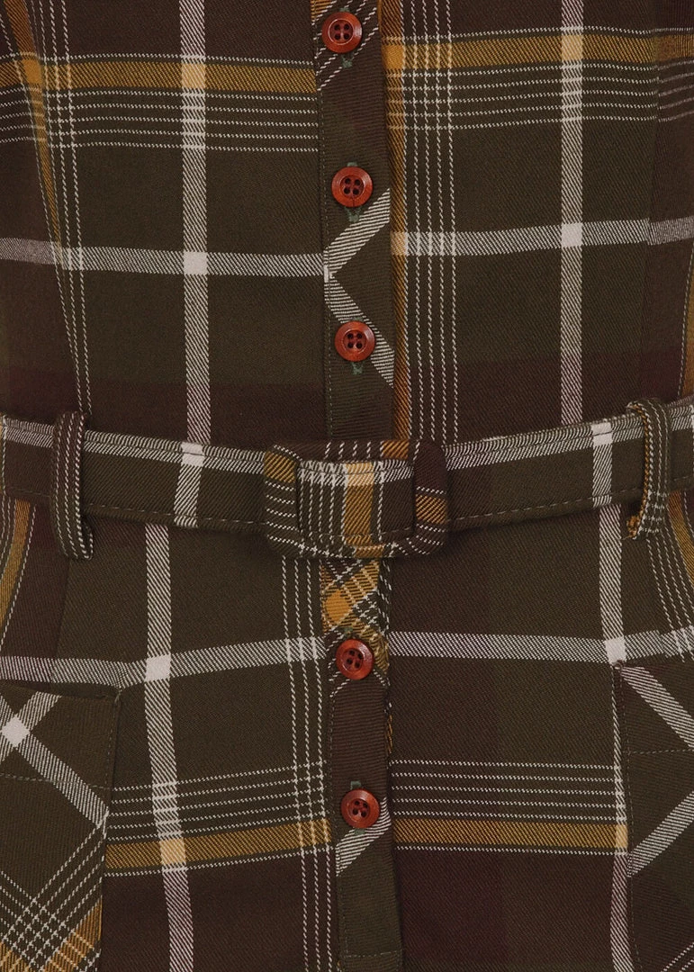 Collectif Caterina Mosshill Check 40's Pencil Dress Brown