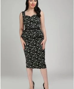 New In Collectif Mae Berry Floral 50's Pencil Dress Black