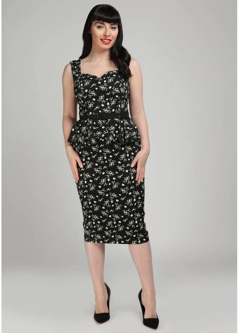 New In Collectif Mae Berry Floral 50's Pencil Dress Black
