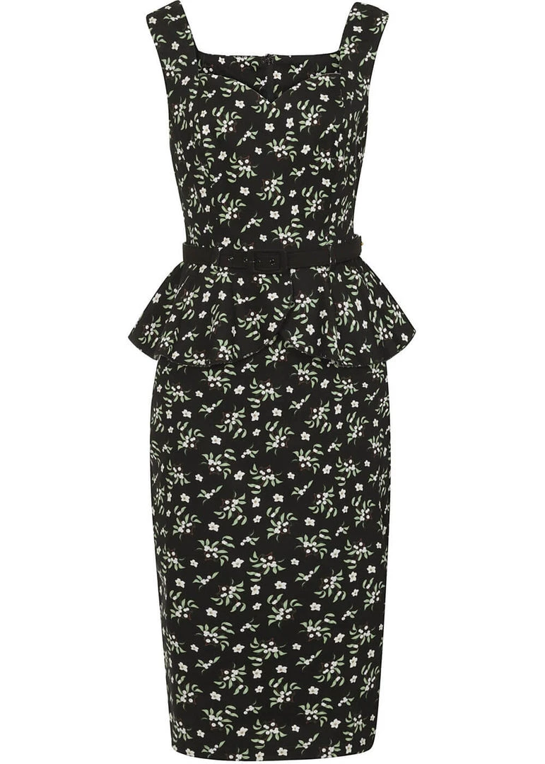New In Collectif Mae Berry Floral 50's Pencil Dress Black