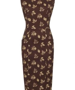 Collectif Hepburn Fall Leaves 50's Pencil Dress Brown New In