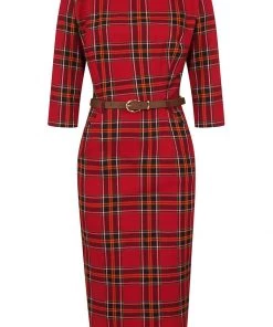 New In Collectif Adeline Berry Check 50's Pencil Dress Red