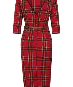 New In Collectif Adeline Berry Check 50's Pencil Dress Red