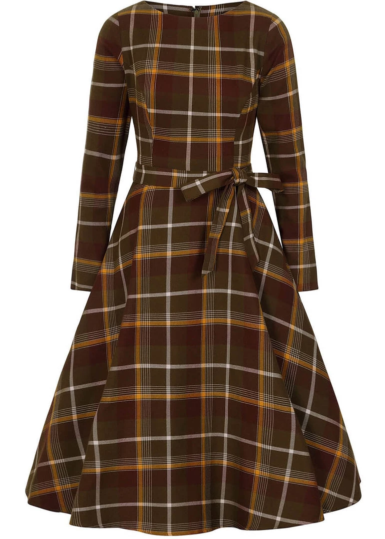 Collectif Arwen Mosshill Check 40's Swing Dress Brown New In