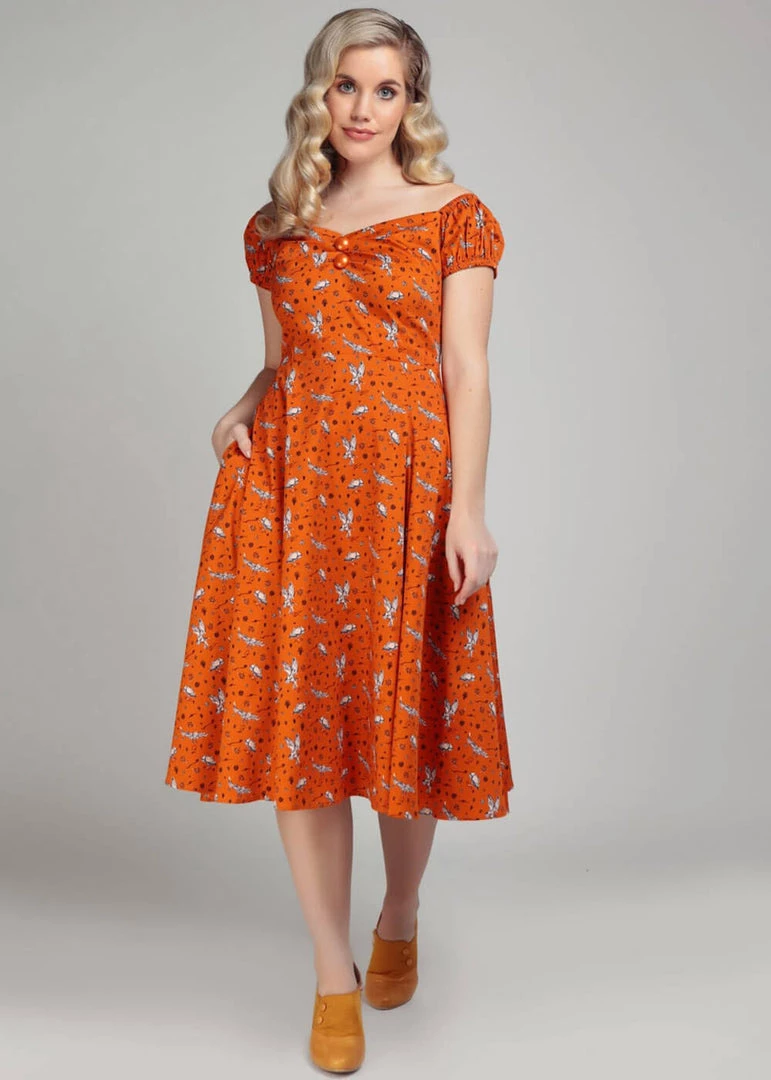 Collectif Dolores Hoot Hoot Owl 50's Swing Dress Orange New In