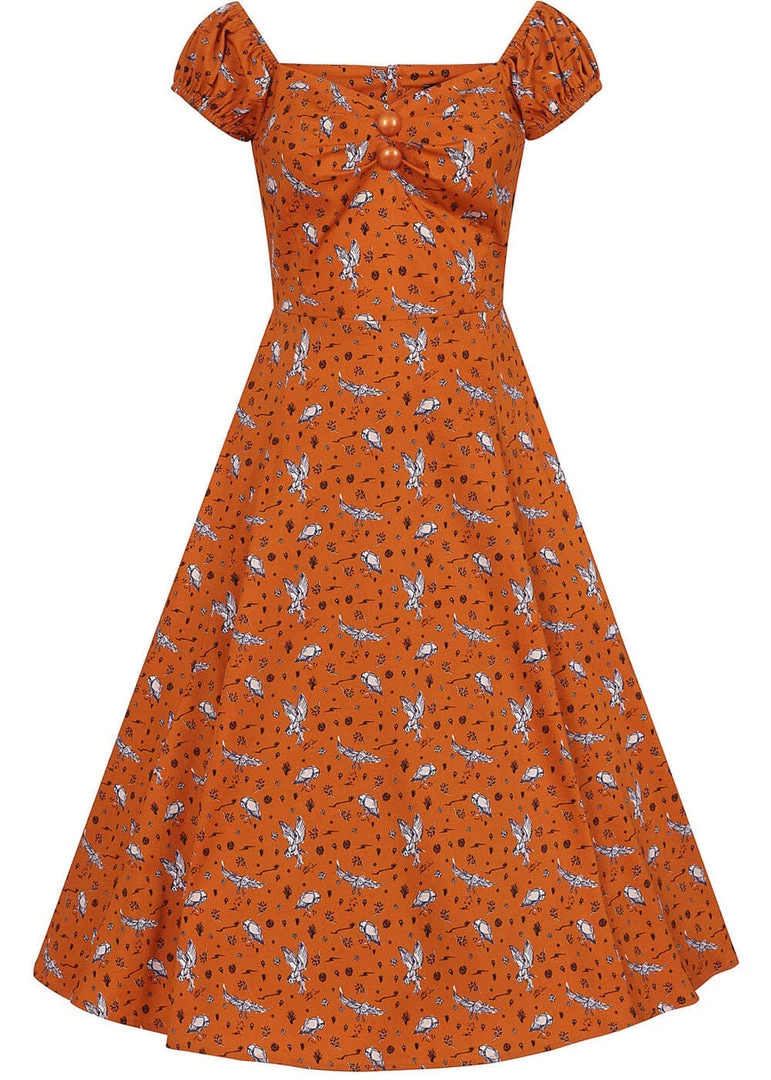 Collectif Dolores Hoot Hoot Owl 50's Swing Dress Orange New In