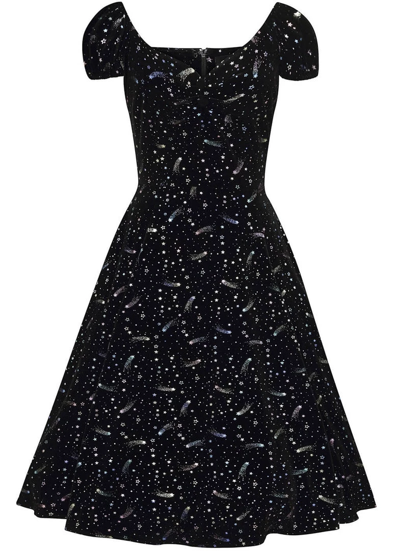 New In Collectif Dolores Starburst Velvet 50's Swing Dress Black