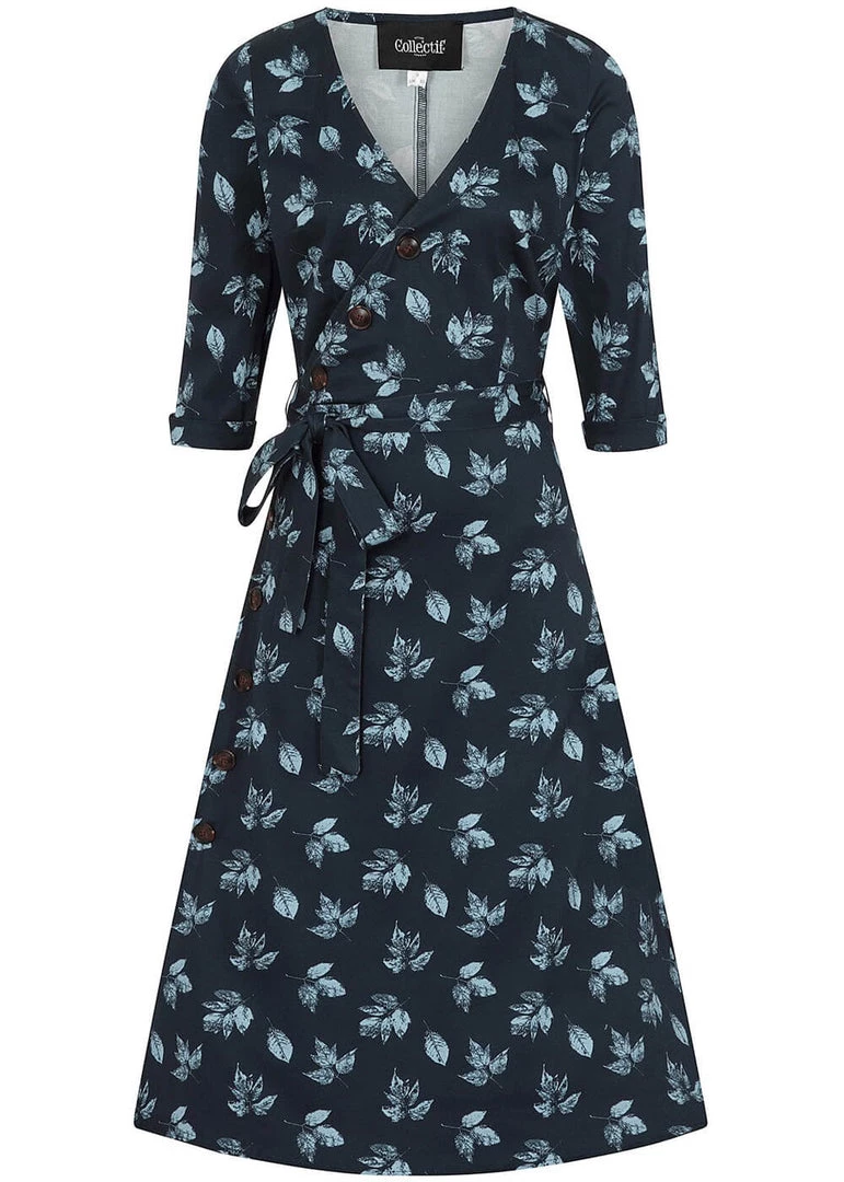 Collectif Susanna Fall Leaves 50's Swing Dress Blue