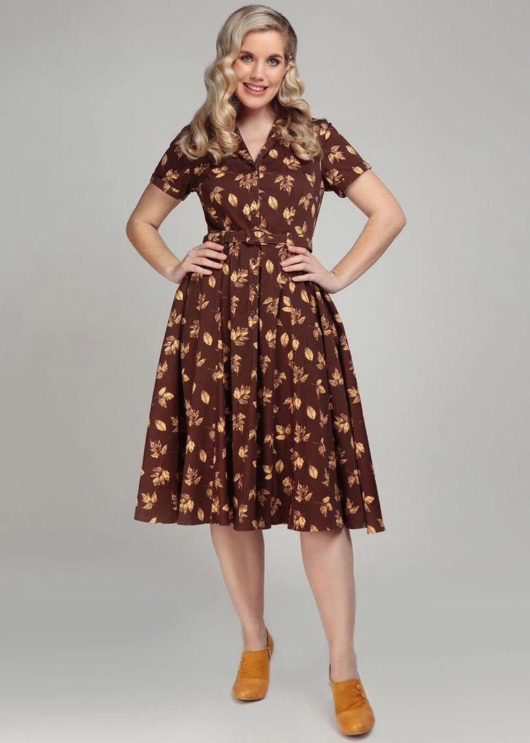 Collectif Caterina Fall Leaves 50's Swing Dress Brown New In