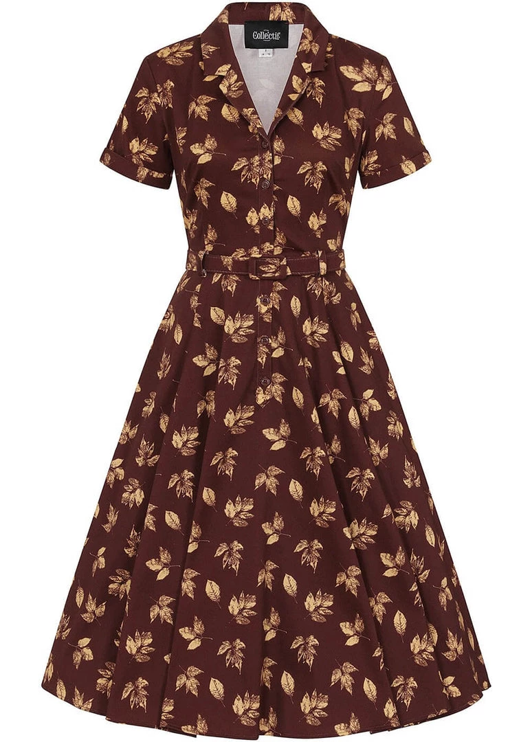 Collectif Caterina Fall Leaves 50's Swing Dress Brown New In