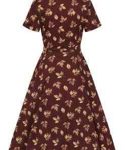 Collectif Caterina Fall Leaves 50's Swing Dress Brown New In