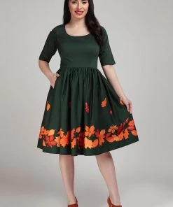 Collectif Amber Lea Leaves 50's Swing Dress Green New In