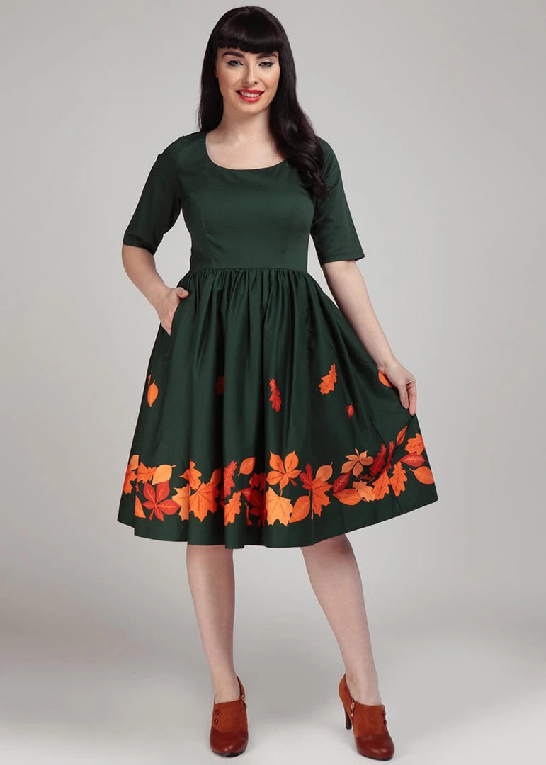 Collectif Amber Lea Leaves 50's Swing Dress Green New In
