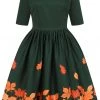 Collectif Amber Lea Leaves 50's Swing Dress Green New In